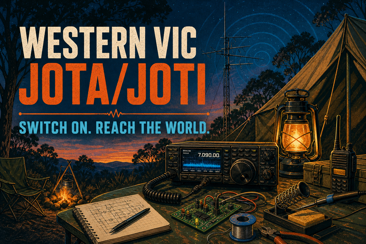 Illustrated Western Victorian Scout campsite with amateur radio, antenna, electronics bench and camp lantern at dusk